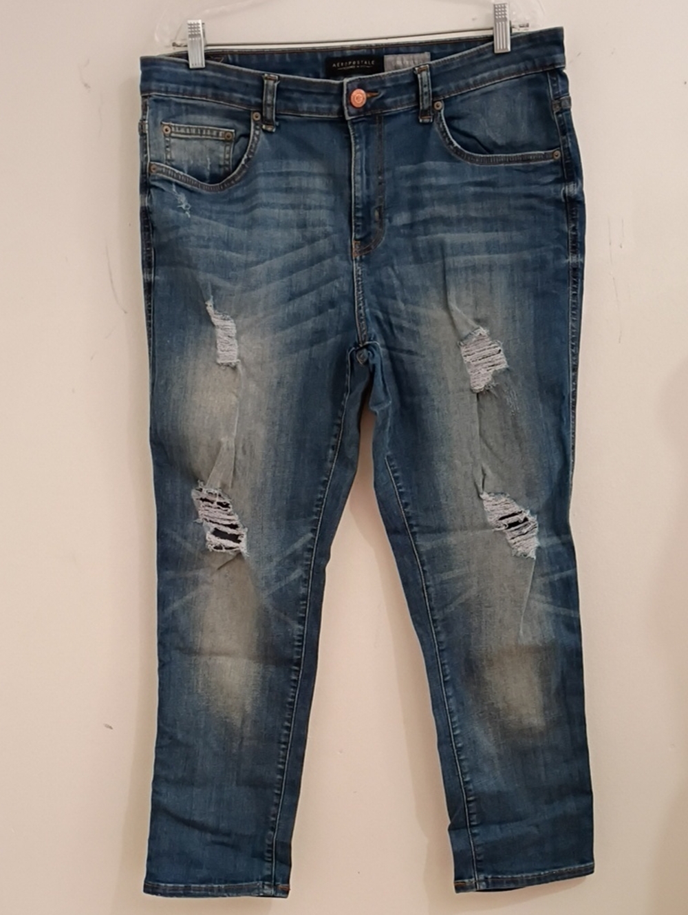 Aeropostale Women's Ripped Mid Blue Boyfriend Jeans